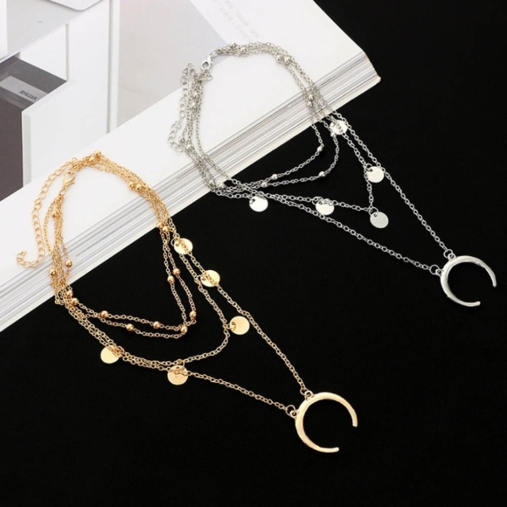 🌸DOUBLE HORN NECKLACE CRESCENT MOON BOHO LAYERS - Picture 4 of 6